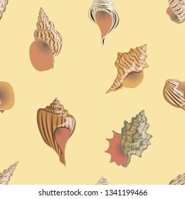 Sea and river cockleshells of different types and forms. Shells and shells of mollusks. Realistic tropical animals. Illustration for gift paper, cards and banners. Seamless vector pattern