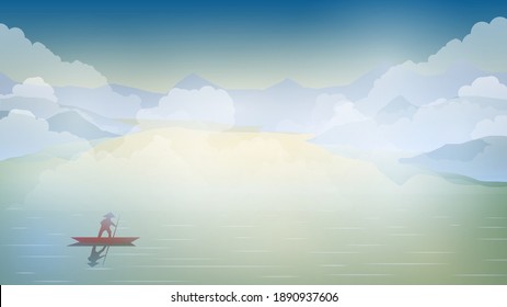 Sea or river with fog and fisherman on boat, asian landscape