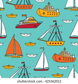 Sea, river and ocean transport on turquoise background. Vector seamless pattern. Ships and boats drawn by hand.