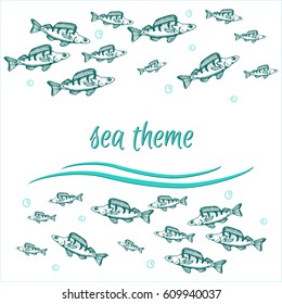 sea and river theme template for invitation, banner or card with perch and bubbles colored in blue. place for text