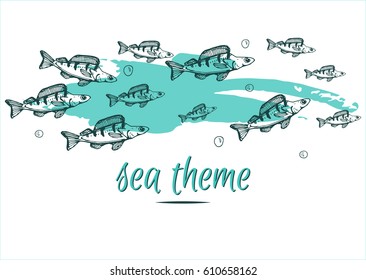 sea and river theme template for invitation, banner or card with perch and bubbles on blot background. place for text