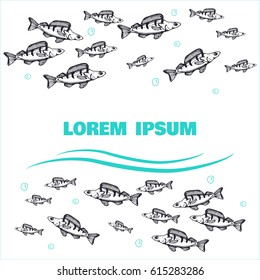 sea and river theme template for invitation, banner or card with perch and bubbles. place for text