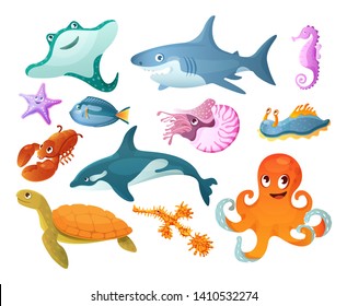 Sea And River Underwater Animals. Different Sea Animals Fish Of Seafood Collection Seahorse Turtle Ramp Shark, Killer Whale, Lobster, Octopus, Starfish. Fish And Shellfish, Eating, Market Fish Vector