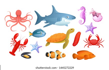 Sea and river underwater animals. Different sea animals fish of seafood collection seahorse turtle ramp shark, killer whale, lobster, octopus, starfish, fish, star vector illustration