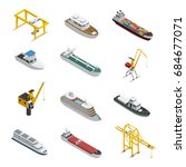 Sea and river vessel isometric icons set with motorboat barge tanker and port cargo equipment vector illustration