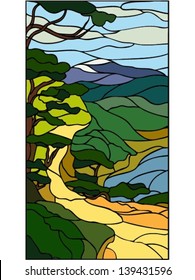 Sea or river view from the hill, vector illustration in stained glass window style