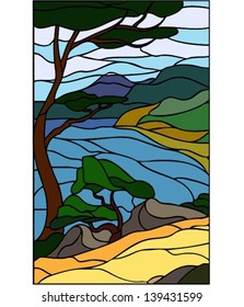 Sea or river view from the hill, vector illustration in stained glass window style