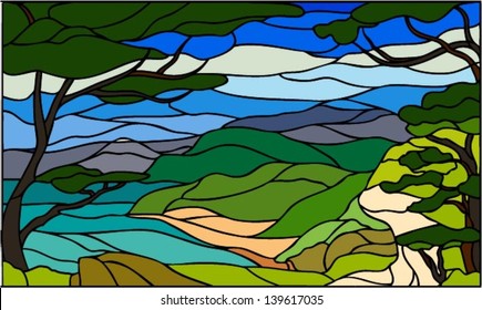 Sea or river view from the hill, vector illustration in stained glass window style