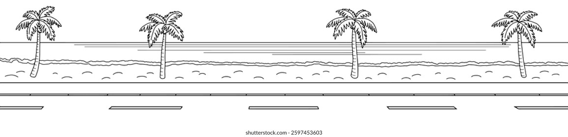 Sea road beach graphic palm tree black white landscape long sketch illustration vector