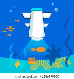 Sea Robot Researcher Flat Vector Illustration. Hi-tech Submarine Studying Marine Life. Underwater Ship Analysing Sea, Ocean Fauna, Flora. Modern Technology for Fish Species, Coral Description