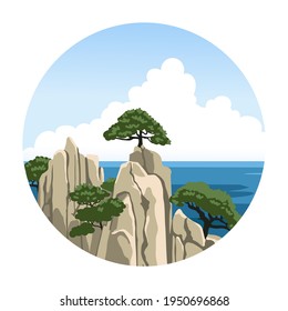 Sea rock with a tree on top. Chinese seascape. Ocean view. Simple round hand-drawn illustration. Vector icon.