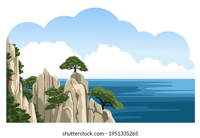 Sea rock with a tree on top. Chinese seascape. Ocean landscape with rocks and mountains in water and fluffy clouds in blue sky. Vector flat illustration.