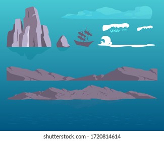 Sea rocks cartoon vector objects set. Seascape constructor. Marine mountains and ocean flat color illustrations collection. Water, waves and ship isolated pack on white background