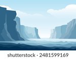 Sea and rocks, landscape vector illustration. Beautiful high sea cliffs loom over a beautiful ocean bay. Dangerous rocks and sea against the background of clouds.