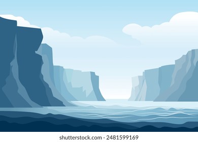 Sea and rocks, landscape vector illustration. Beautiful high sea cliffs loom over a beautiful ocean bay. Dangerous rocks and sea against the background of clouds.