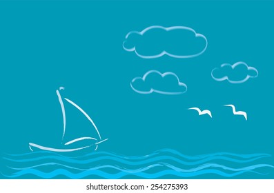  Sea romance poster outline style design. White sailboat floats on the waves.