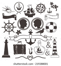 Sea romantic travel. Vintage hand drawn elements in nautical style.