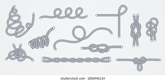 Sea Rope Knots And Loops Set. Marine Rope And Sailors Ship Knot, Cord Sailor Borders, Knot Sail, Package Rope, Looped String, Nautical Loop Vector Illustration Isolated