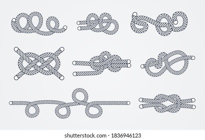 Sea rope knots and loops set. Marine rope and sailors ship knot, cord sailor borders, knot sail, package rope, looped string, nautical loop vector illustration isolated