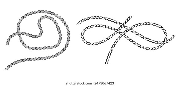 Conjunto de nudos y bucles de cuerda de mar. Cuerda marina y marineros nudo de barco, cordón de marinero bordes, vela de nudo, paquete de cuerda, cuerda en bucle, Ilustración vectorial de bucle náutico aislado