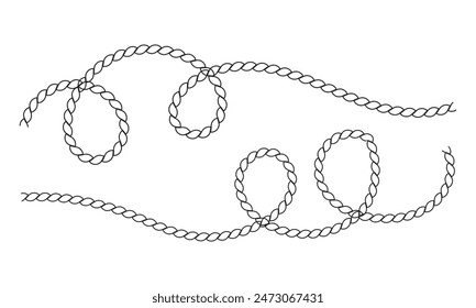 Conjunto de nudos y bucles de cuerda de mar. Cuerda marina y marineros nudo de barco, cordón de marinero bordes, vela de nudo, paquete de cuerda, cuerda en bucle, Ilustración vectorial de bucle náutico aislado