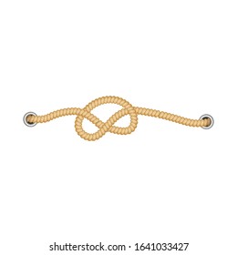 Sea rope or nautical cordage tied into a sailor's marine knot and coming out of the holes with grommets realistic vector illustration isolated on white background.