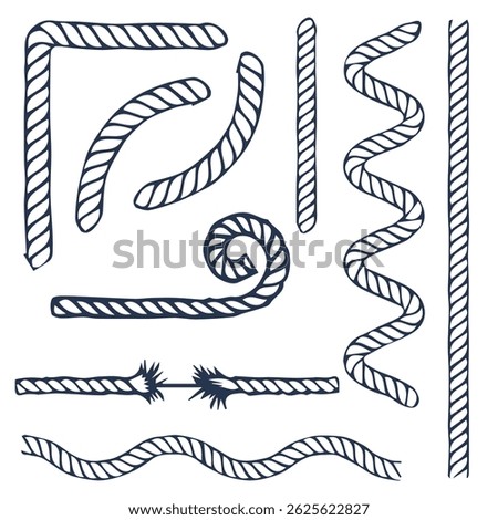 Sea rope vector drawing. Rope for mountaineering. Pieces and ends of ropes. On a white background.