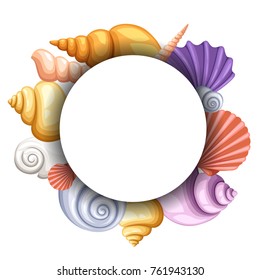 Sea round banner design, colorful seashells concept. Objects in white circle, color exotic cockleshell, vector illustration. Website page and mobile app design