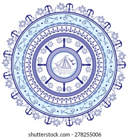 Sea round frame. Vector pattern. Abstract marine print. Nautical backdrop. It can be used for wallpaper, web page background, fabric, paper, postcards. isolated on white background