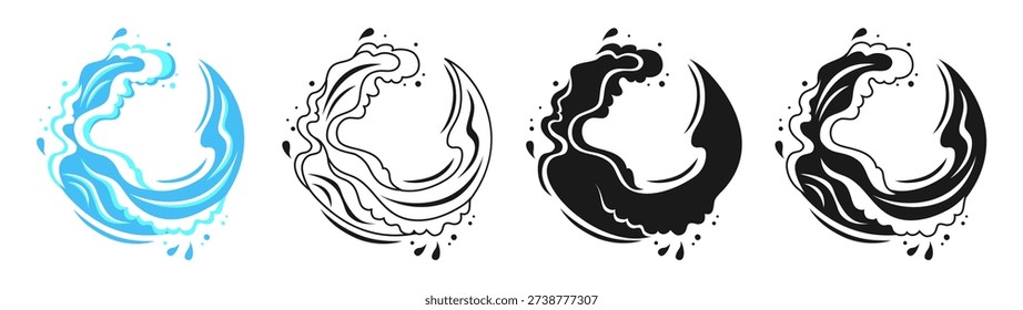 Sea Round wave for logo. Water splashes, flowing abstract ocean linear and silhouette set. Wave icons graphic dynamic liquid motion, modern marine elements and fluid aquatic forms illustration