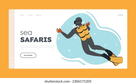 Sea Safari Landing Page Template. Diver Character Explore The Depths Of The Ocean, Equipped With Specialized Gear, Venture Into The Underwater World For Exploration. Cartoon People Vector Illustration