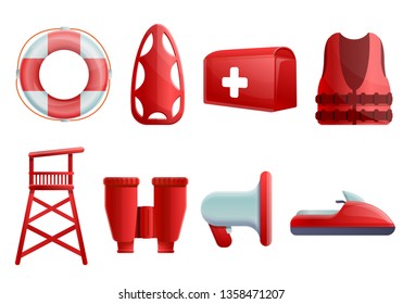 Sea safety icons set. Cartoon set of sea safety vector icons for web design