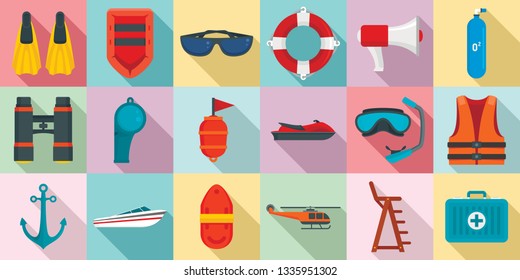 Sea safety icons set. Flat set of sea safety vector icons for web design