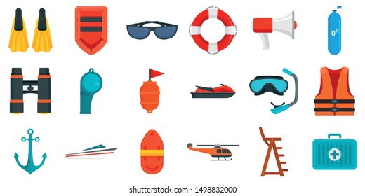 Sea safety icons set. Flat set of sea safety vector icons for web design