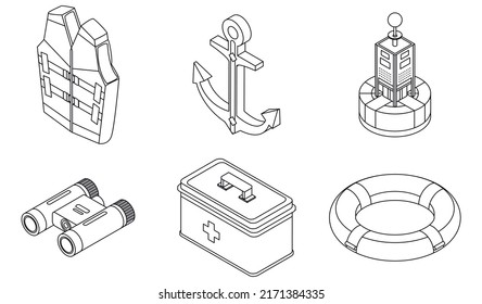 Sea safety icons set. Isometric set of sea safety vector icons outline isolated on white background