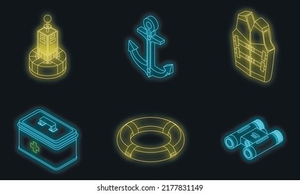 Sea safety icons set. Isometric set of sea safety vector icons neon on black
