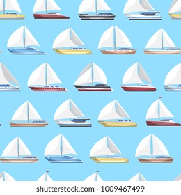 Sea sail yachts seamless pattern. Luxury and speedy sailboats on blue background vector illustration. Marine passenger cruise ships, worldwide yachting, nautical sport competition, ocean vessel.