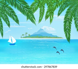 sea, sailboard, island with mountain on horizon, palm leaves on foreground,  vector illustration