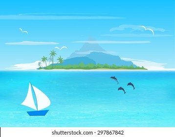 sea, sailboard, island with mountain on horizon,   vector illustration 