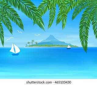 sea, sailboard, island with mountain on horizon, palm leaves on foreground, lettering "welcome to paradise", vector illustration