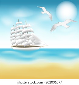 Sea, sailboat and gulls, vector, eps 10