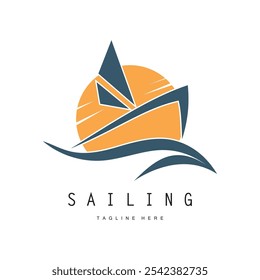 sea ​​wave sailboat logo and coconut tree on beach, for business, badge, company, vector