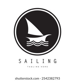 sea ​​wave sailboat logo and coconut tree on beach, for business, badge, company, vector