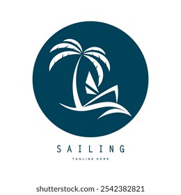 sea ​​wave sailboat logo and coconut tree on beach, for business, badge, company, vector