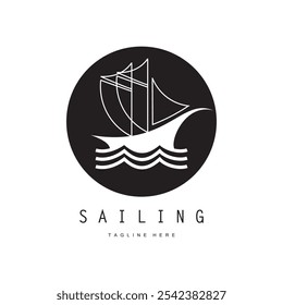 sea ​​wave sailboat logo and coconut tree on beach, for business, badge, company, vector