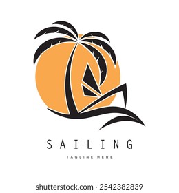 sea ​​wave sailboat logo and coconut tree on beach, for business, badge, company, vector