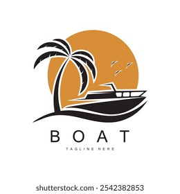 sea ​​wave sailboat logo and coconut tree on beach, for business, badge, company, vector