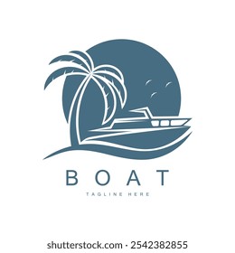 sea ​​wave sailboat logo and coconut tree on beach, for business, badge, company, vector