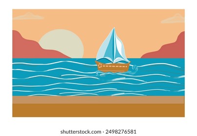 Sea, sailboat on waves, mountains, sky, sun, seascape, color drawing