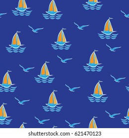 Sea, sailboat and seagulls. Seamless pattern. Stylized sailboat on the waves. Design for textiles, wall hangings, wrapping paper, children's goods.
